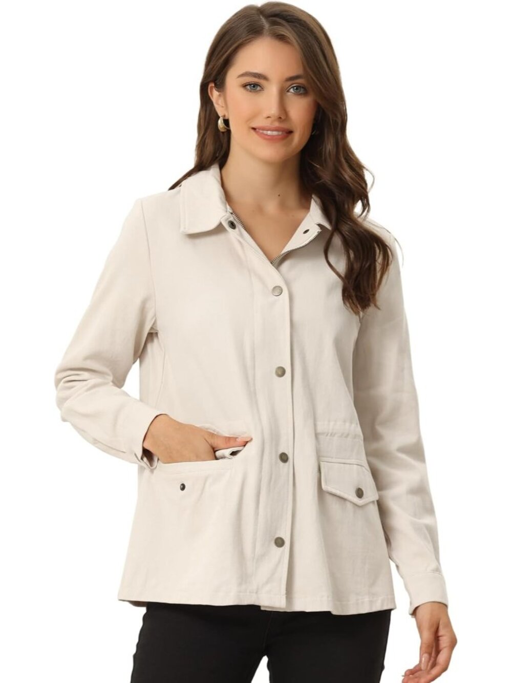 Women Apricot Zip Up Snap Buttons Drawstring Waist Pockets Anorak Utility Jacket